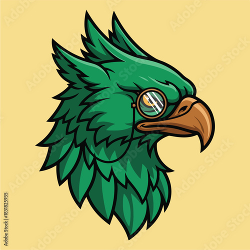 Green bird of prey with monocle focused and detailed illustration.