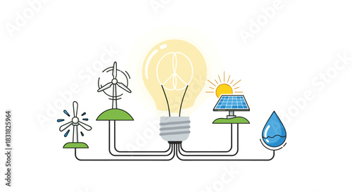 Renewable Energy Sources Powering a Bright Idea Light Bulb, Generative AI.