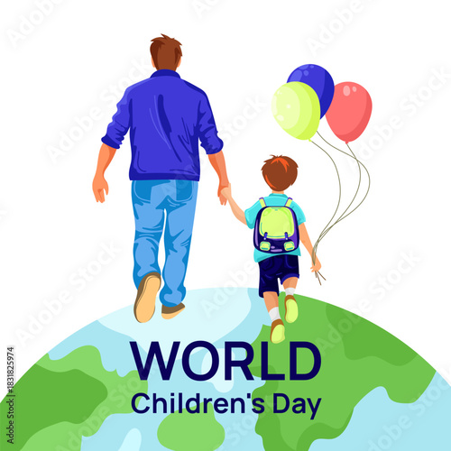 World Children's Day concept illustration. Father and son walking hand in hand on an Earth globe celebrating, holiday campaigns, educational materials, family blogs, social media content. Vector