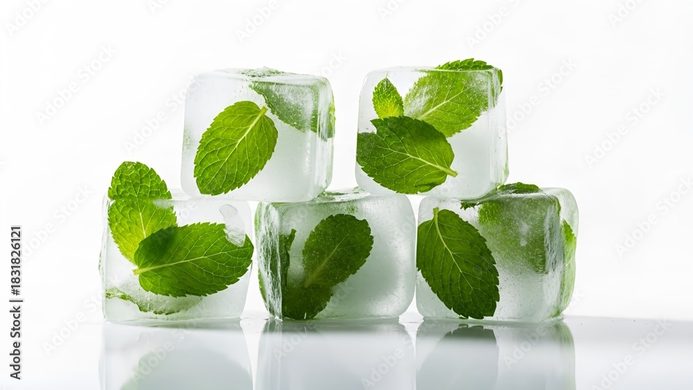 Obraz premium Ice cubes with mint leaves, cold clean minimal composition