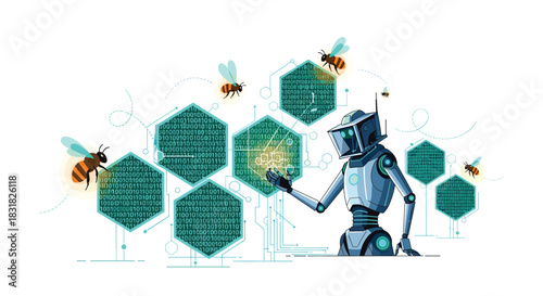 Robot Beekeeper Interacting with Digital Hive Technology and Bees, Generative AI.