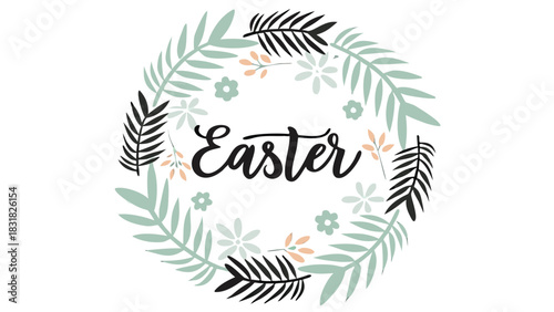Elegant easter greeting featuring the word easter in a beautiful script surrounded by a delicate wreath of green leaves light blue flowers and subtle peach accents on a clean white background