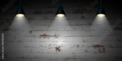 White brick wall with a grunge texture illuminated by three hanging lamps with spotlights, for product presentations, advertising backgrounds, interior mockups, web, promotional graphics.Vector