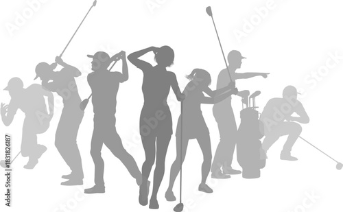 Silhouette golf player set. Active golfers golfing sports people healthy players fitness silhouettes concept.