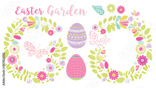 Whimsical easter garden illustration with decorative floral wreaths colorful patterned eggs and delicate butterflies on a white background perfect for spring celebrations