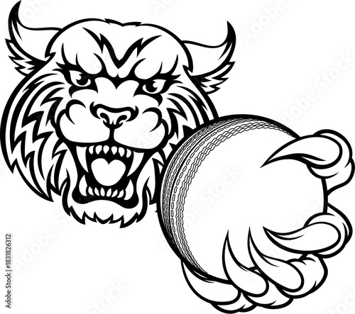 A wildcat angry animal sports mascot holding a cricket ball