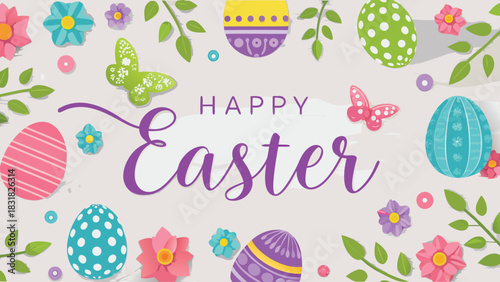 Happy easter greeting card with colorful decorated eggs flowers butterflies and green leaves on a light background festive spring celebration design