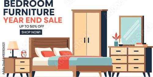 Bedroom furniture year end sale with up to 50% off, shop now isolated on white background