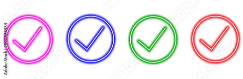 checkmark, icon, neon, set, glowing, circle, confirmation, success, approval, yes, accept, agree, correct, complete, done, verified, 