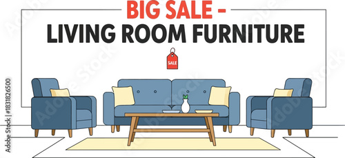 Big sale on living room furniture isolated on white background for promotion