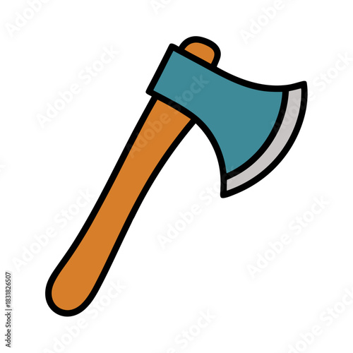 Colorful axe with wooden handle and blue blade design isolated on a transparent background 