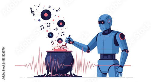 Robot creating music from vinyl records and notes in a cauldron, Generative AI.