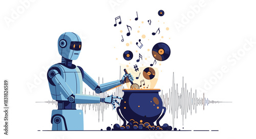 Robot creating music with magical cauldron and musical notes, Generative AI.
