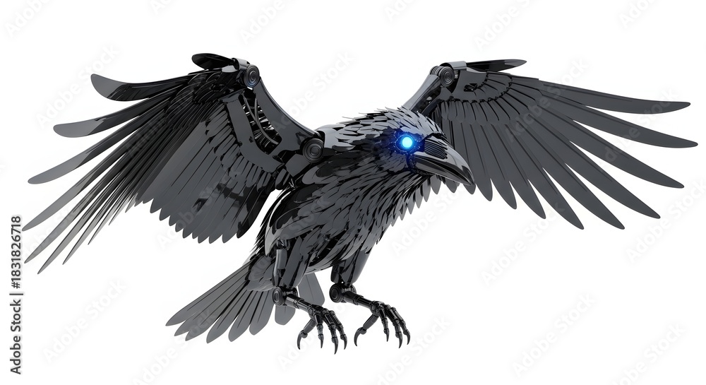 Naklejka premium Mechanical raven with glowing blue eyes isolated on white background