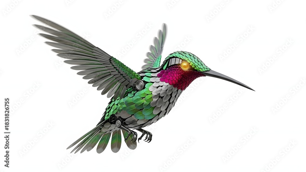 Obraz premium Close up of a colorful hummingbird in flight isolated on white background