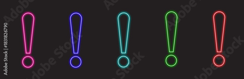 A set of five vibrant colorful neon exclamation mark icons on a dark background creating a visually striking emphasis with glowing outlines for important notifications and alerts for your designs