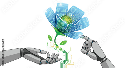 Robotic Hands Nurturing a Digital Flower Symbolizing Technology and Nature Integration, Generative AI.