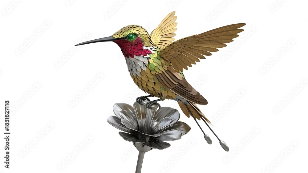 Obraz premium Detailed metal hummingbird sculpture perched on a flower isolated on white background