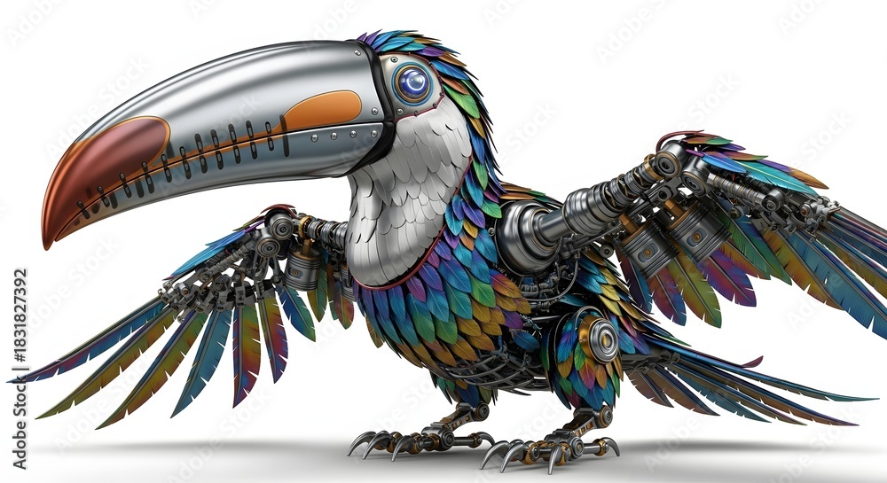 Obraz premium Mechanical toucan sculpture with colorful feathers isolated on white background