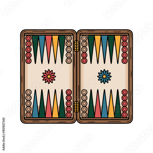Colorful backgammon game board with geometric patterns and pieces  