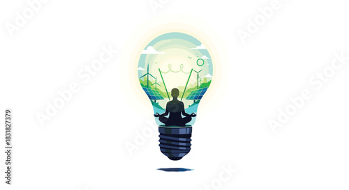 Silhouette of a person meditating inside a lightbulb with nature elements, Generative AI.