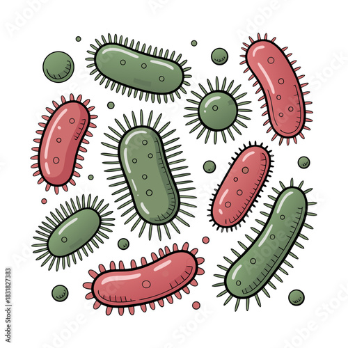 Colorful bacteria and microorganisms in various shapes isolated on a transparent background
