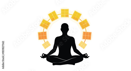 Silhouette of a person meditating with chakras glowing above their head, Generative AI.