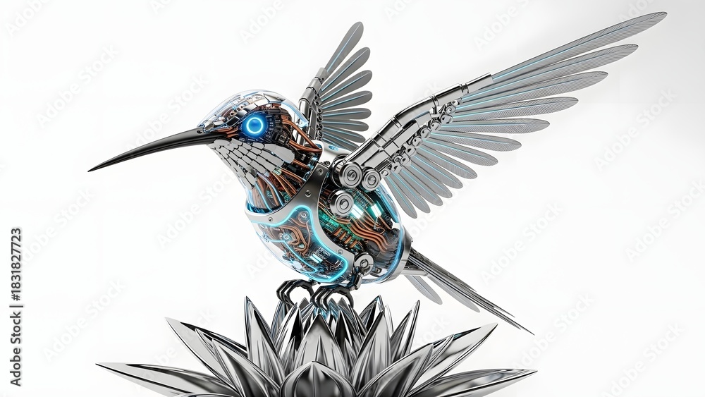 Obraz premium Intricate mechanical hummingbird sculpture with glowing blue eyes isolated on white background