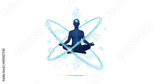 Silhouette of a person meditating with glowing energy orbs surrounding them, Generative AI.