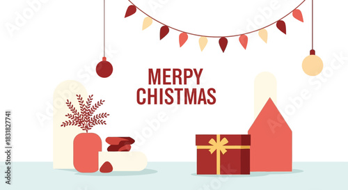 Festive christmas illustration with gifts and decorations on a teal background