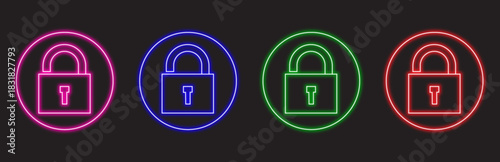 A set of colorful neon padlock icons with pink, blue, green, and red outlines on a dark background, representing security, privacy, and protection in digital and physical contexts.
