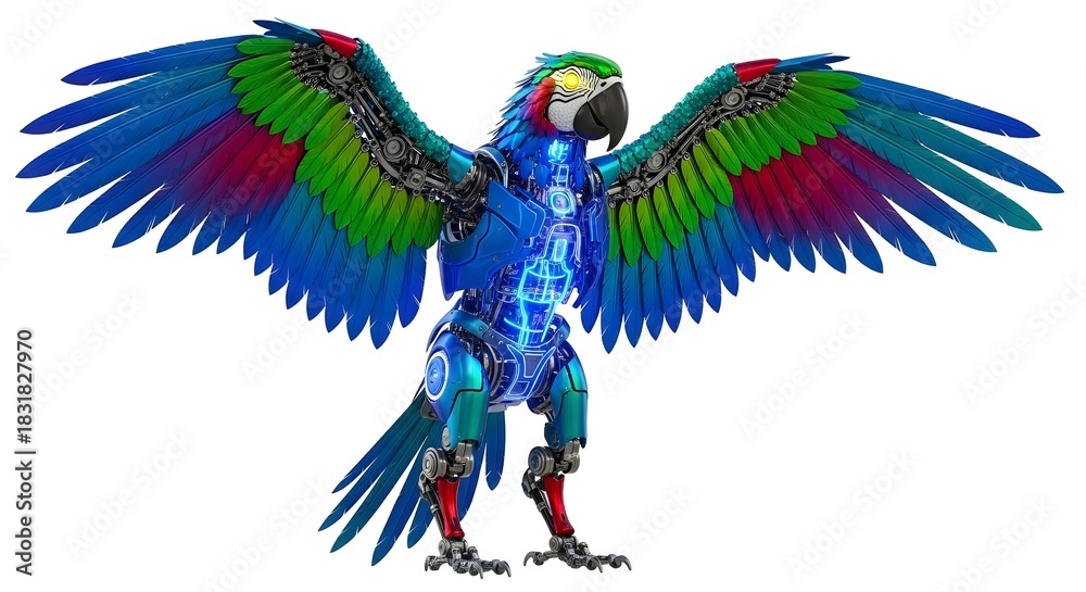 Fototapeta premium Vibrant blue and green macaw parrot with wings spread isolated on white background