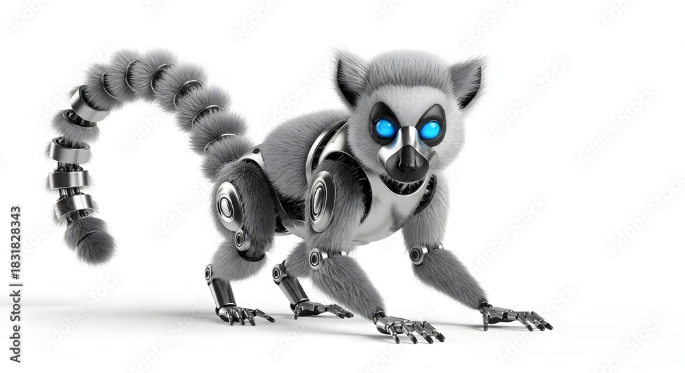 Naklejka premium Robotic lemur with blue glowing eyes isolated on white background