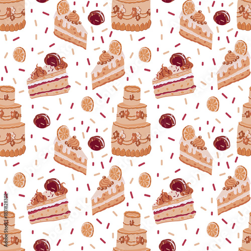
Seamless flat pattern with cream cakes, cake slices and desserts on white. Colors: cream, brulee, caramel. For packaging, textile, wallpaper design.