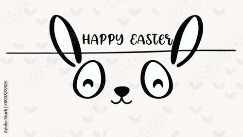 Cute hand drawn bunny face with happy easter text and subtle heart pattern background for spring celebration