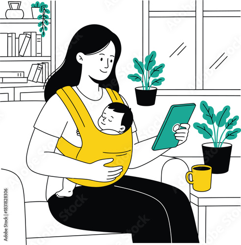 Mother Carrying Baby in Yellow Carrier Using Tablet at Home Vector Illustration