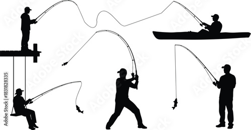 Angler or Fisherman Black Silhouette Vector Illustration Collection Set, Featuring People Fishing from a Dock, 
