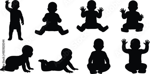 Baby silhouette vector illustration set, cute infant children standing, sitting, waving, crawling, and lying on stomach, isolated black shapes collection representing