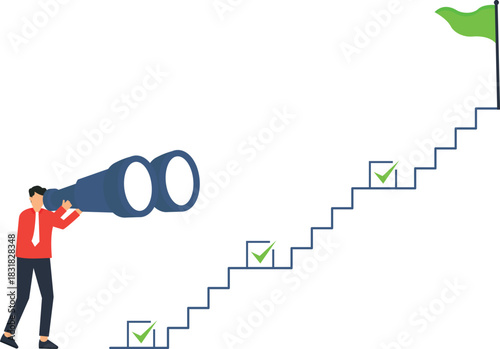 Businessman with binoculars looking up stairs towards a goal flag. Career path progress, business vision, future success, step by step achievement, strategic planning, reaching goals.