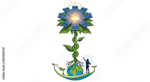 Solar Flower Growing From Earth Symbolizing Renewable Energy and Sustainability, Generative AI.