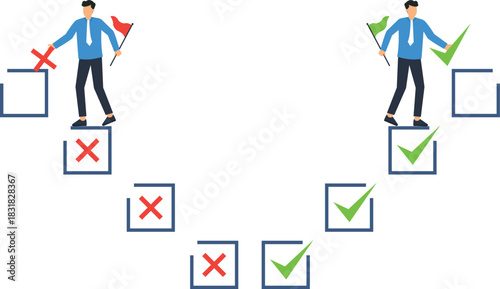 Business decision making concept showing success path and failure journey. Businessman making strategic choice for career progress, task management, project planning, and goal achievement.