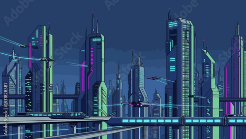 Imagine a futuristic metropolis with sleek skyscrapers and flying vehicles navigating the skyline, perfect for science fiction stories, video game backgrounds, or cutting-edge technology presentations