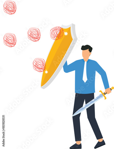 Businessman with shield and sword for business protection, a corporate warrior showing risk management, defending attack, overcoming challenges, fighting adversity, and corporate security.