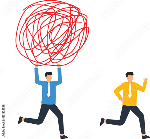 Businessman carrying tangled mess chasing colleague escaping work pressure stress anxiety business chaos avoiding responsibility emotional burden mental health complex problem