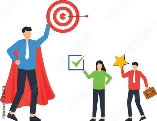 Business superhero holding target with team showing goal achievement. Teamwork success leadership concept performance metric career growth employee recognition task complete business strategy.