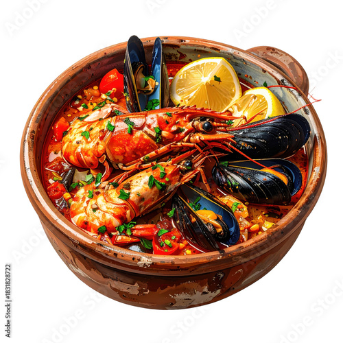 Delicious cataplana de marisco, a portuguese seafood feast with shellfish and fish, perfectly isolated on white background