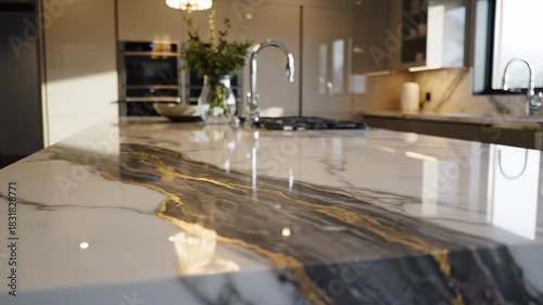 Bright modern kitchen with a marble island, stainless sink, and arched faucet. Sunlight through large windows reflects on polished surfaces; a plant and sleek cabinets finish the bright space