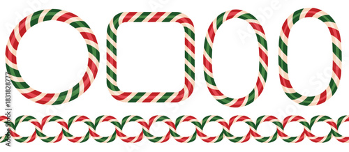 Candy cane border collection featuring square, circle, and oval christmas frames, striped lollipop festive pattern,