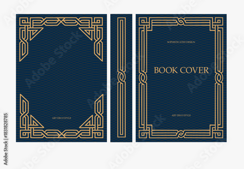 Classic vintage book cover and spine with gold and black art deco, art nouveau ornament, decorative frame, elegant retro style for classic publications, posters, artistic layouts