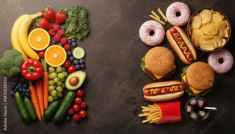 Fototapeta premium Healthy and unhealthy food choice comparison with fresh fruits, vegetables, burgers, and donuts on a dark textured background representing diet and nutrition